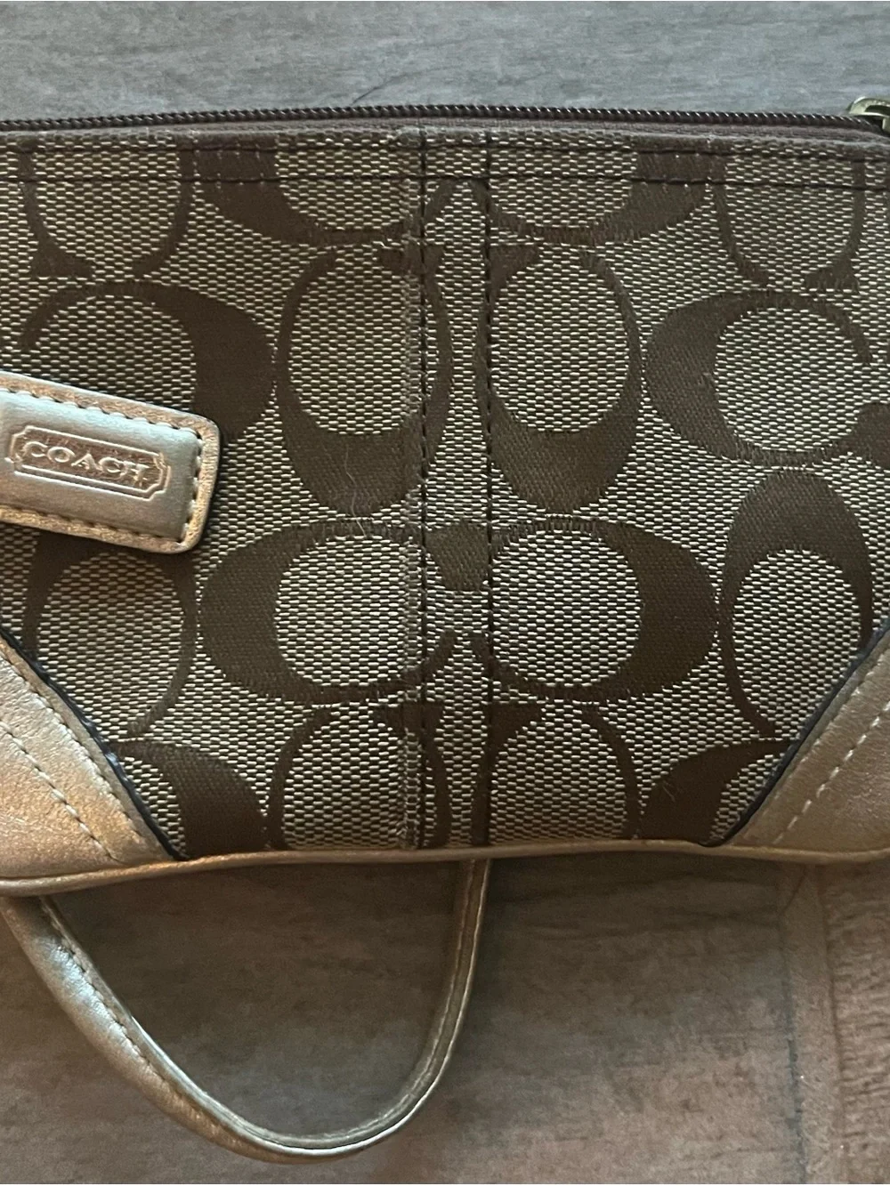 Coach Brown Signature Canvas Wristlet with Metallic Gold Trim
